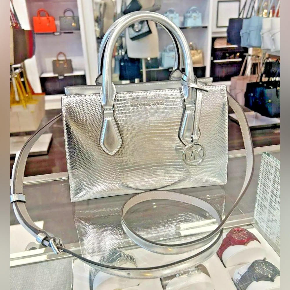 Michael Kors Sheila Vegan Leather Satchel Crossbody Bag - Silver